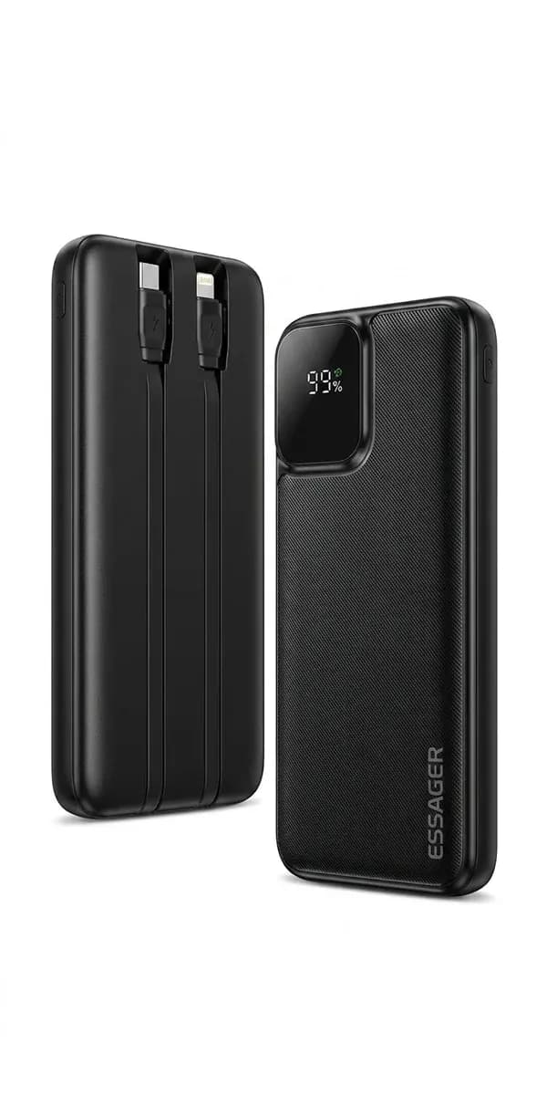 Schwarze Essager Powerbank mit integrierten Kabeln