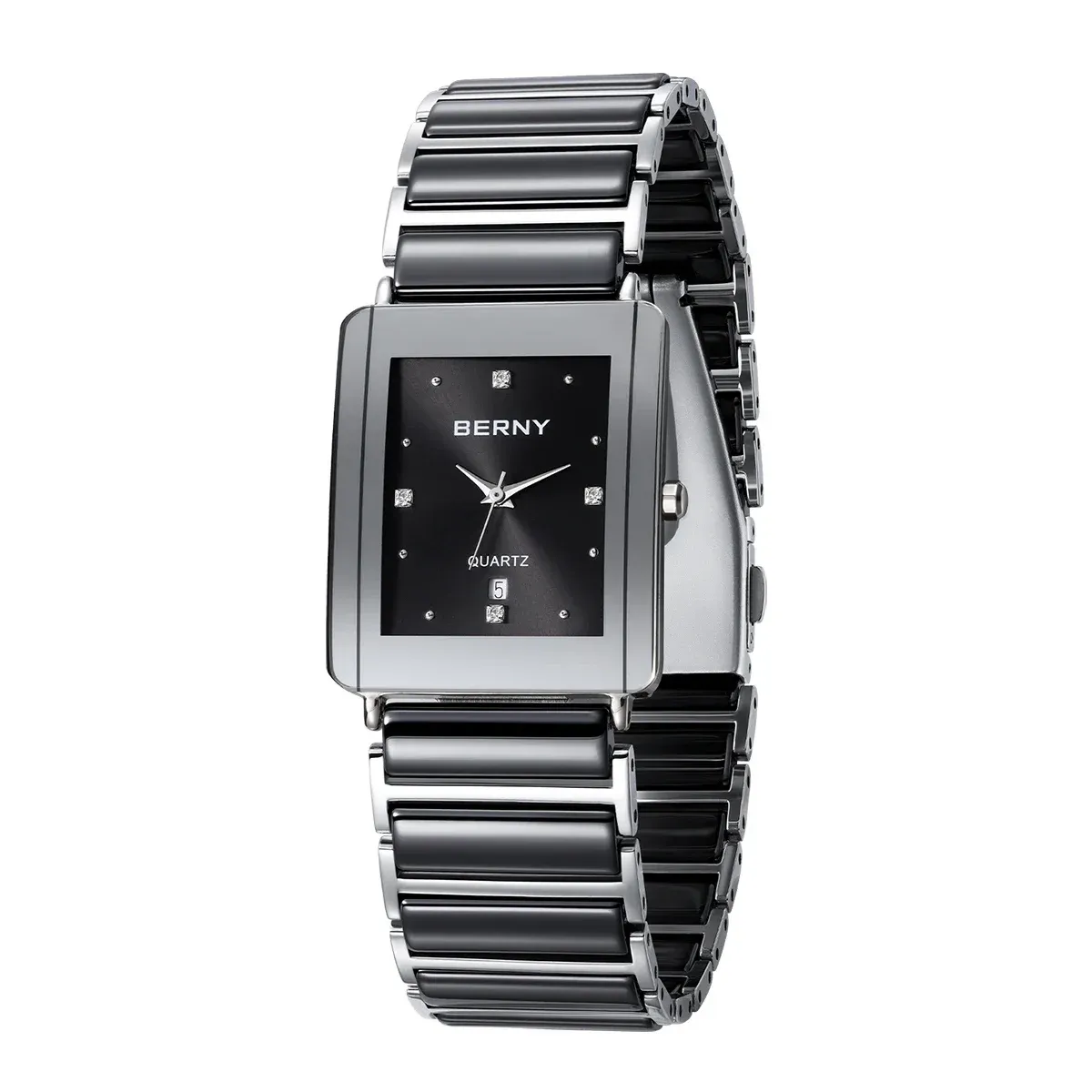 BERNY Rechteck-Quarzuhr mit Keramikband und Kalender