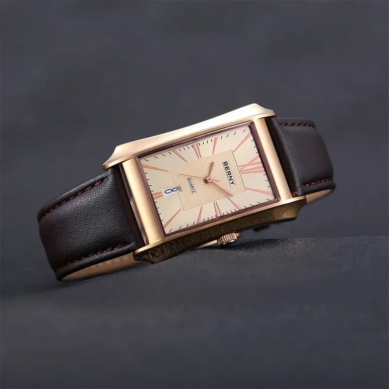 BERNY Herren-Quarzuhr im Rechteckdesign mit Lederband