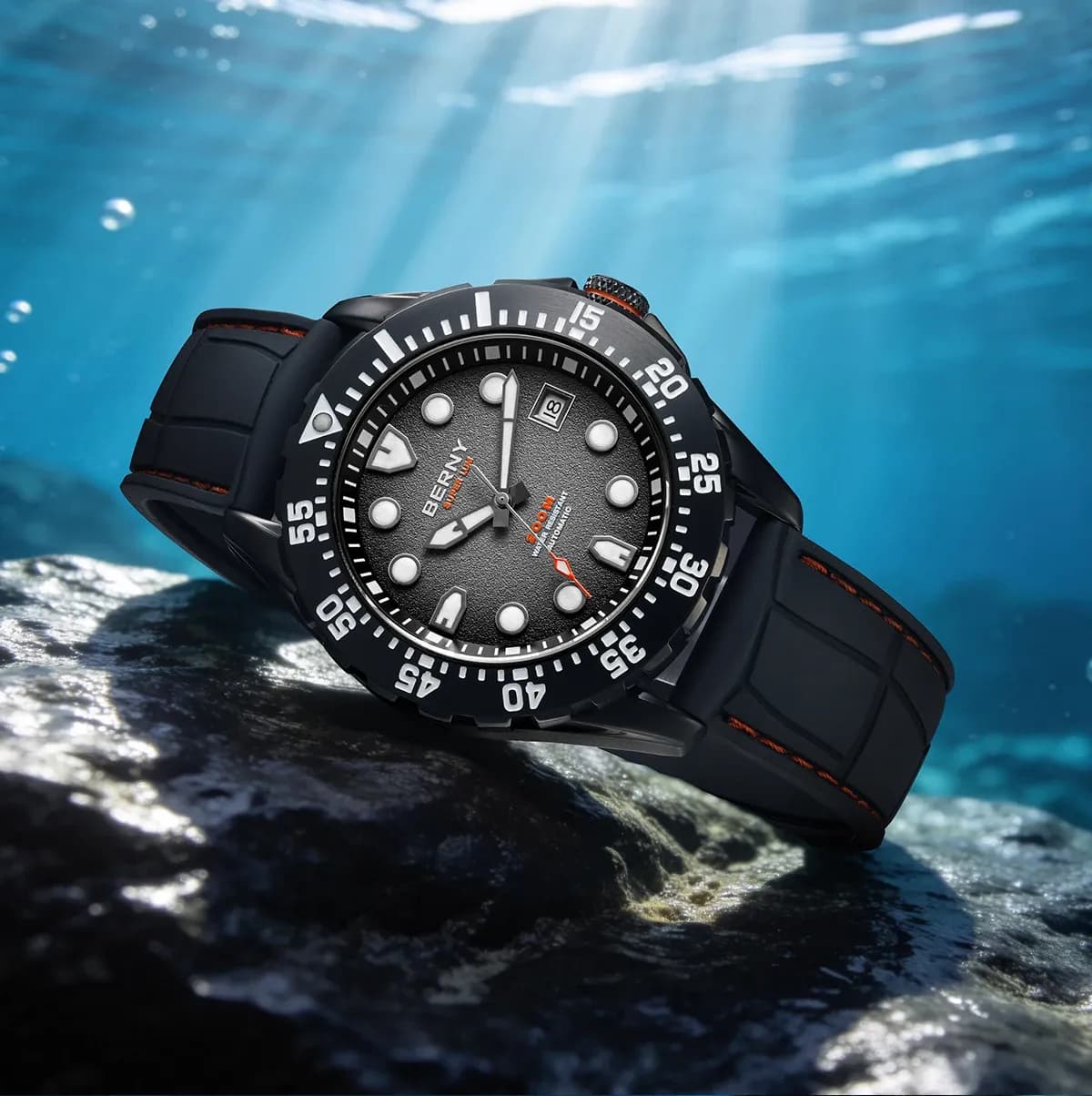 BERNY Automatik-Taucheruhr mit Frostzifferblatt und Saphirglas