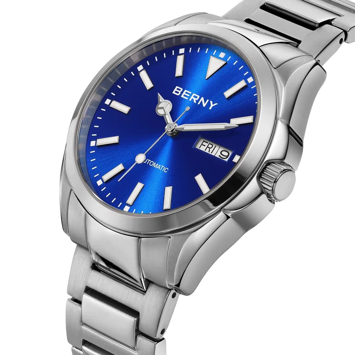 BERNY Automatikuhr für Herren mit Saphirglas, Wochentagsanzeige und Edelstahlgehäuse