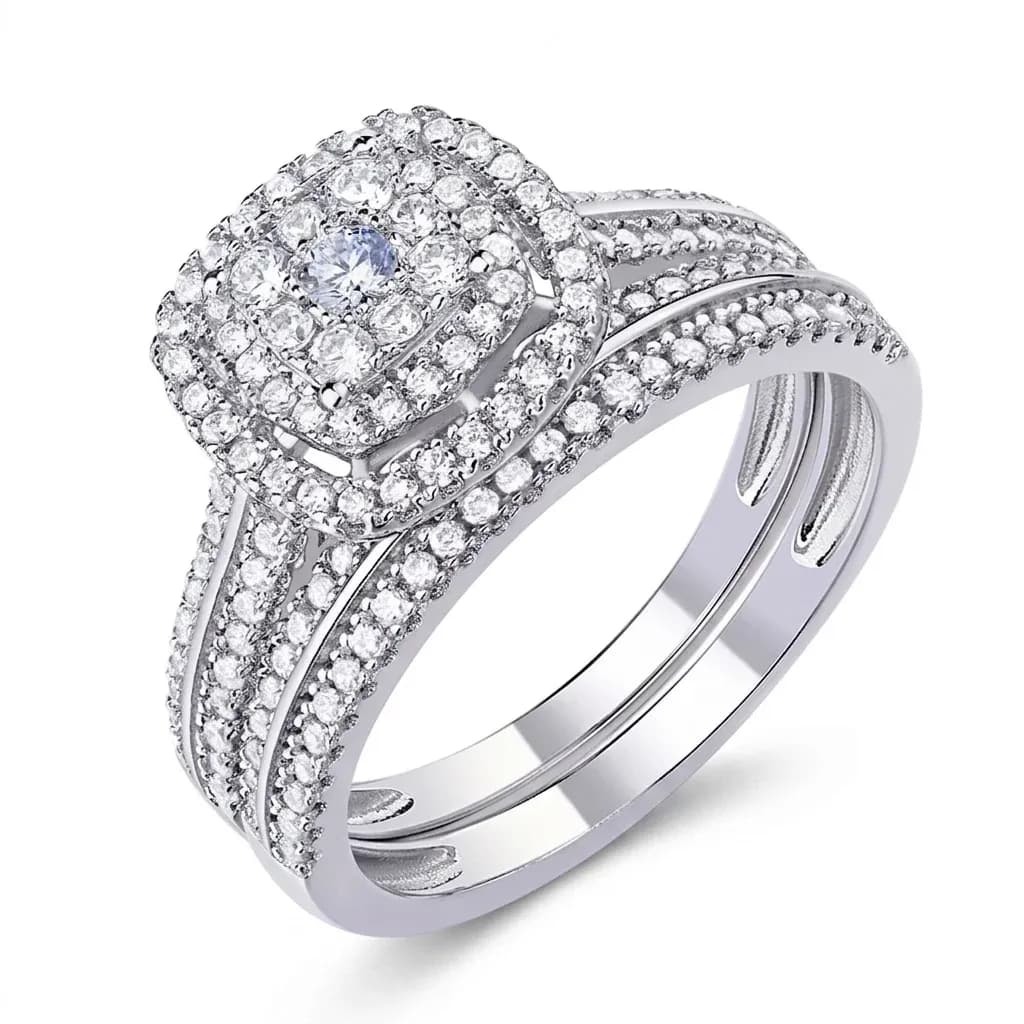 925er Silber Brautring-Set mit Halo-Zirkonia