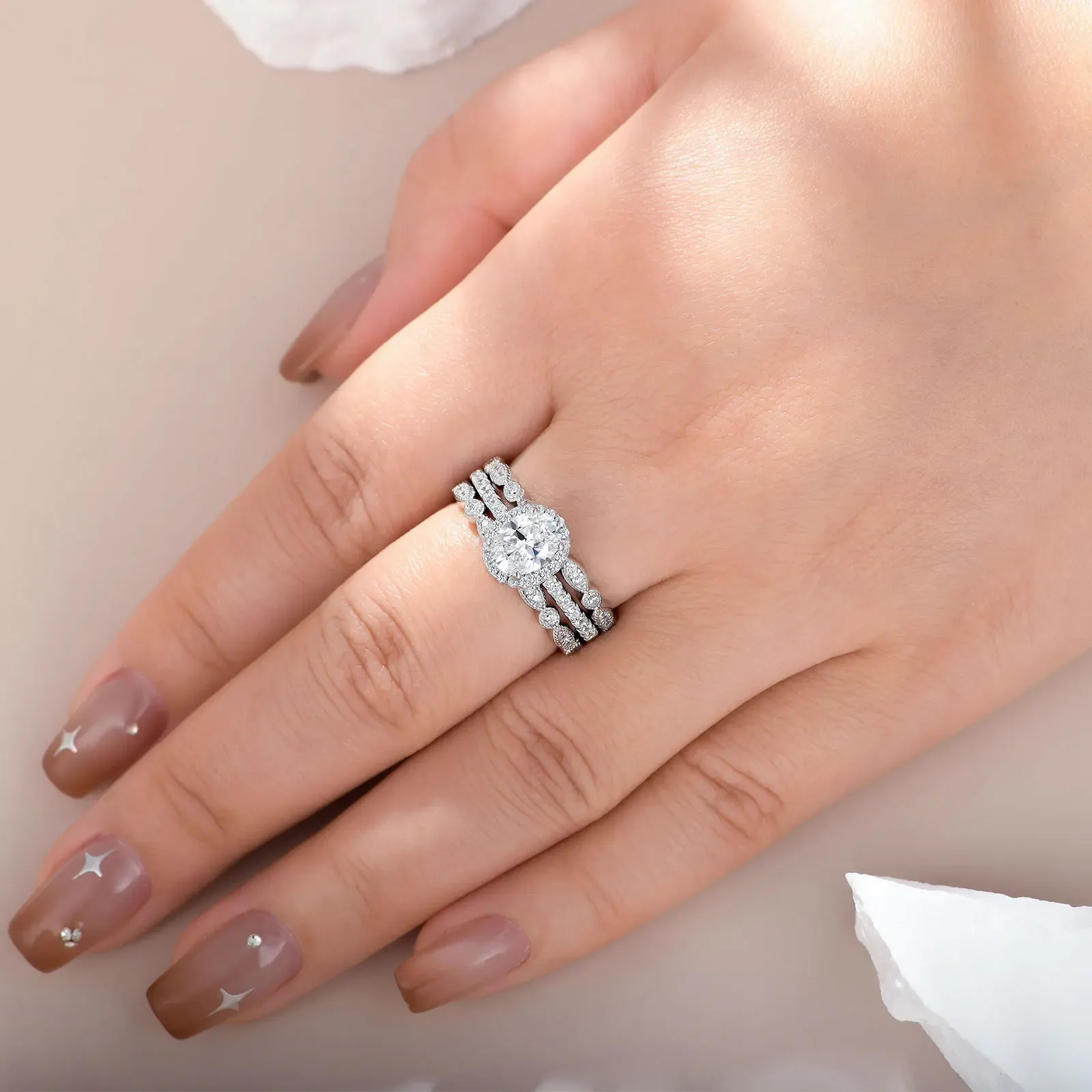 Newshe 3-teiliges Brautring-Set aus 925er Silber mit Oval-Zirkonia