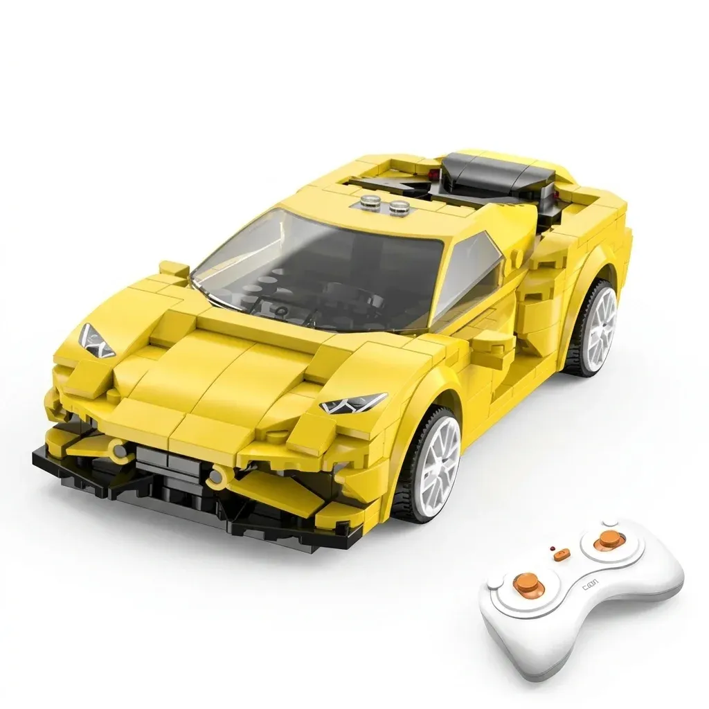 Gelber Cada Klemmbaustein Rennwagen im Studio