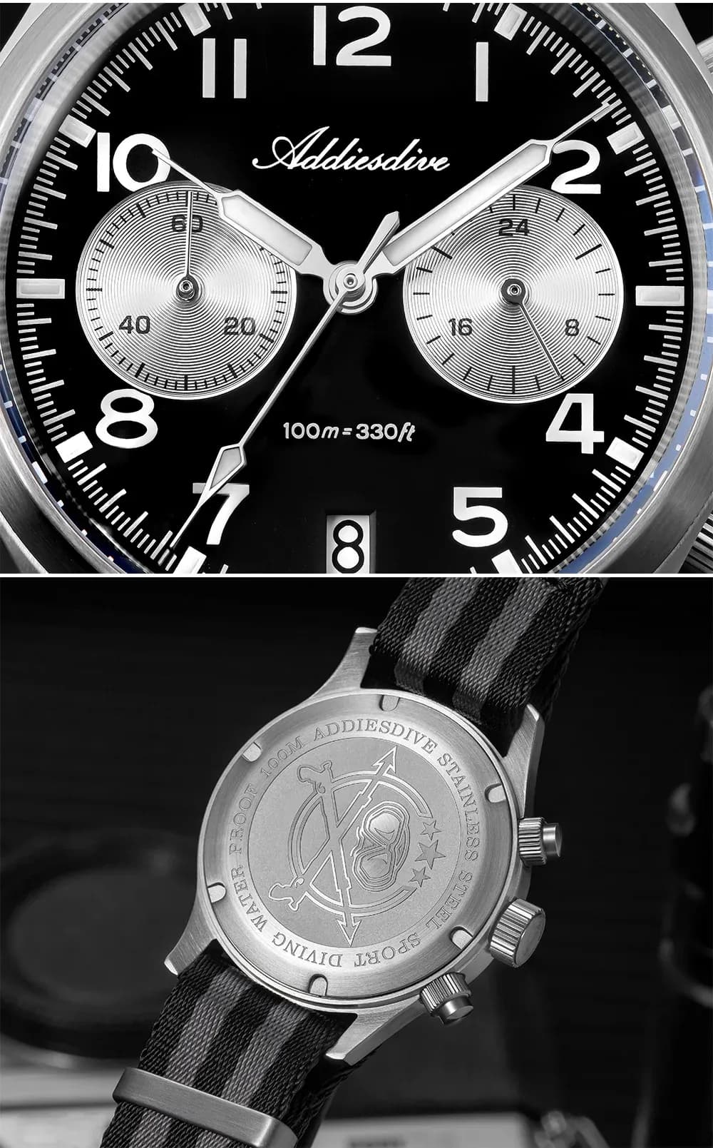 ADDIESDIVE Panda-Chronograph mit VK64 und Saphirglas