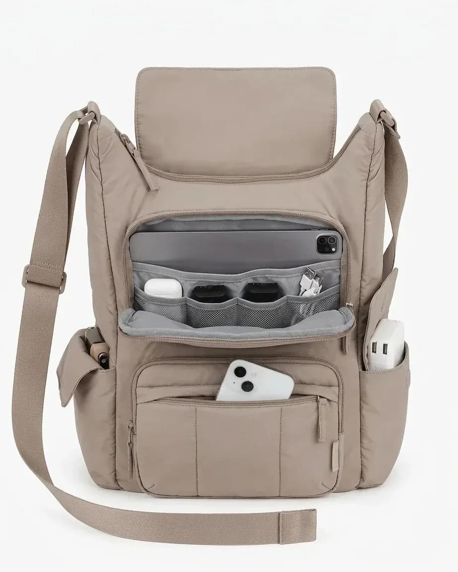 Taupe Kamerasling-Bag mit Organizer-Fächern