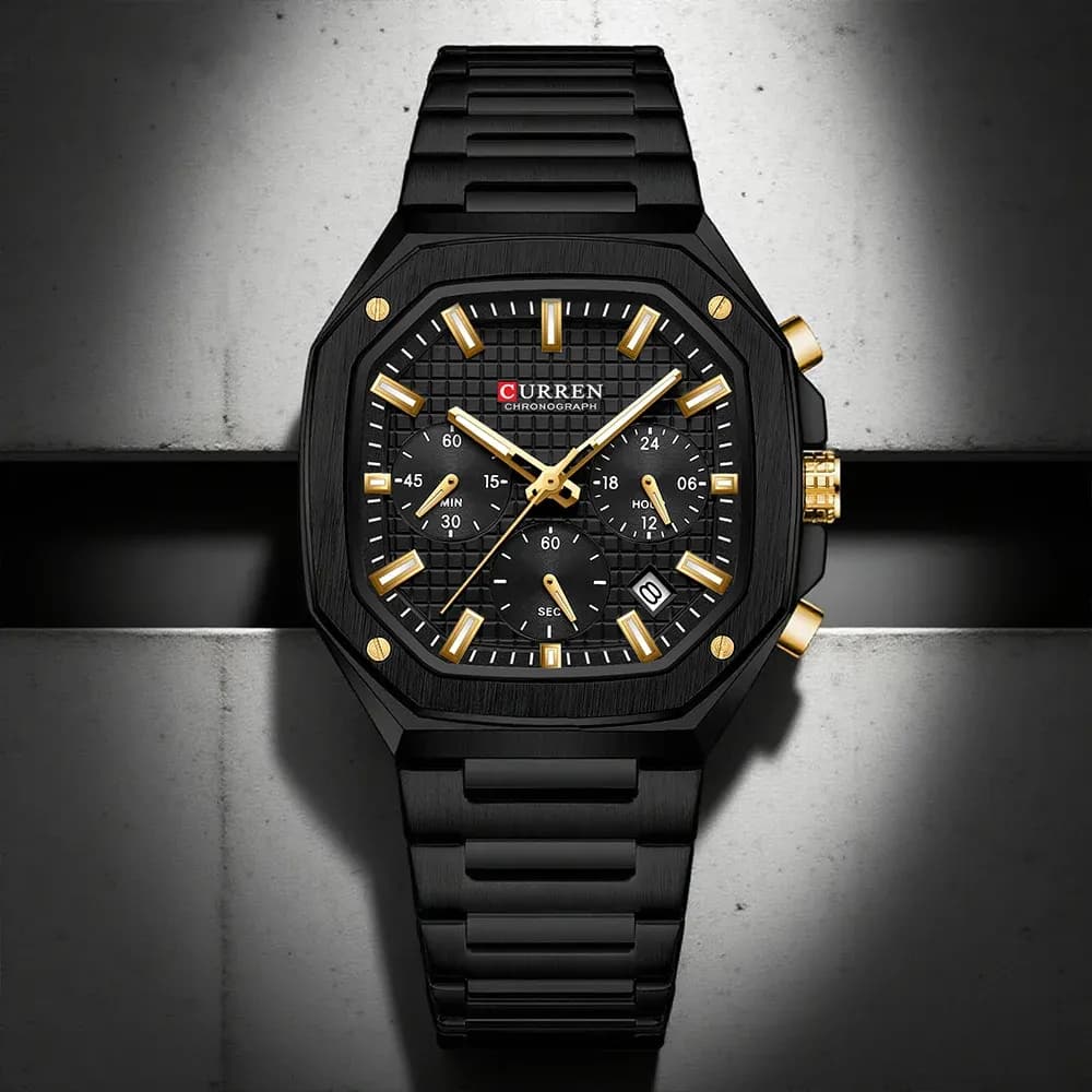 CURREN Herren-Quarzuhr in Square-Optik mit Chronograph und Goldakzenten