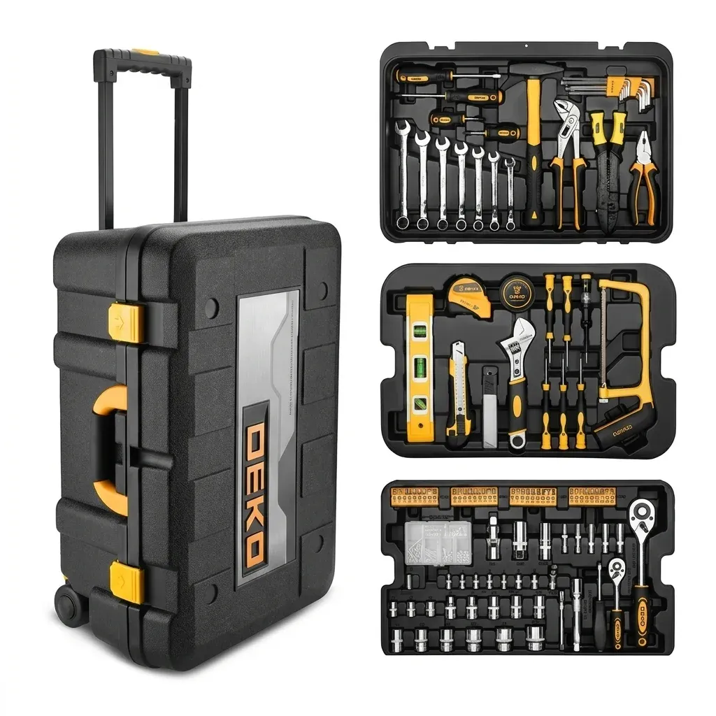 DEKO Werkzeugset im schwarzen Rollkoffer