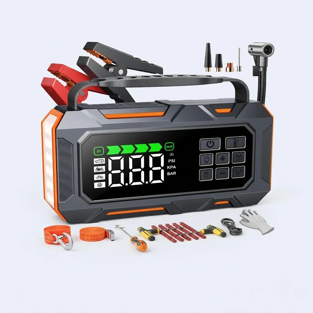 Multifunktions-Starthilfe mit Kompressor schwarz orange