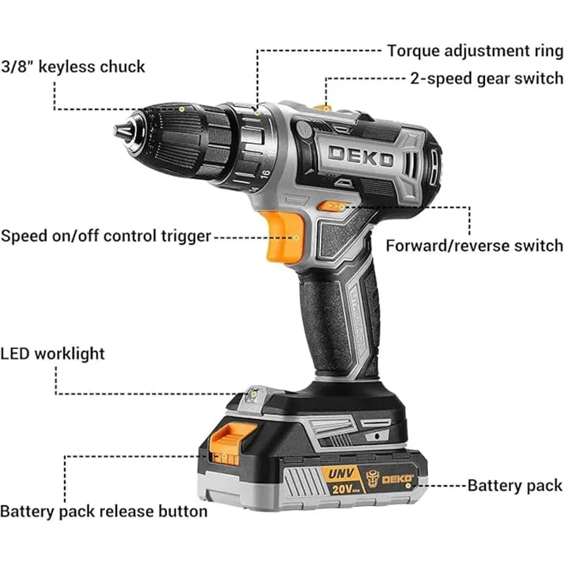 DEKO 20V Akku-Bohrschrauber mit 2 Akkus und 18+1 Stufen